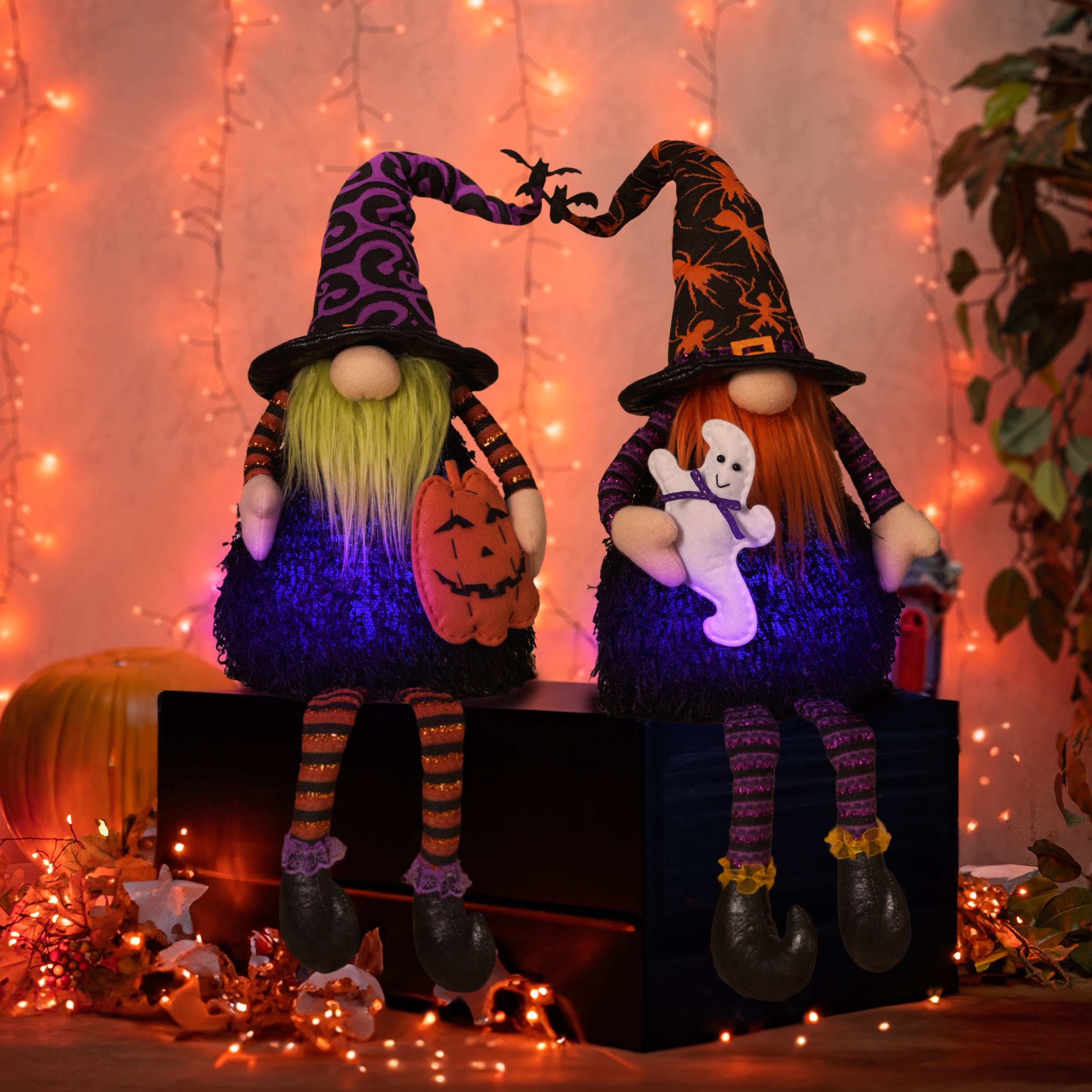Set of 2 Plush Lighted Halloween Shelf Sitter Gnomes, Battery Operated
